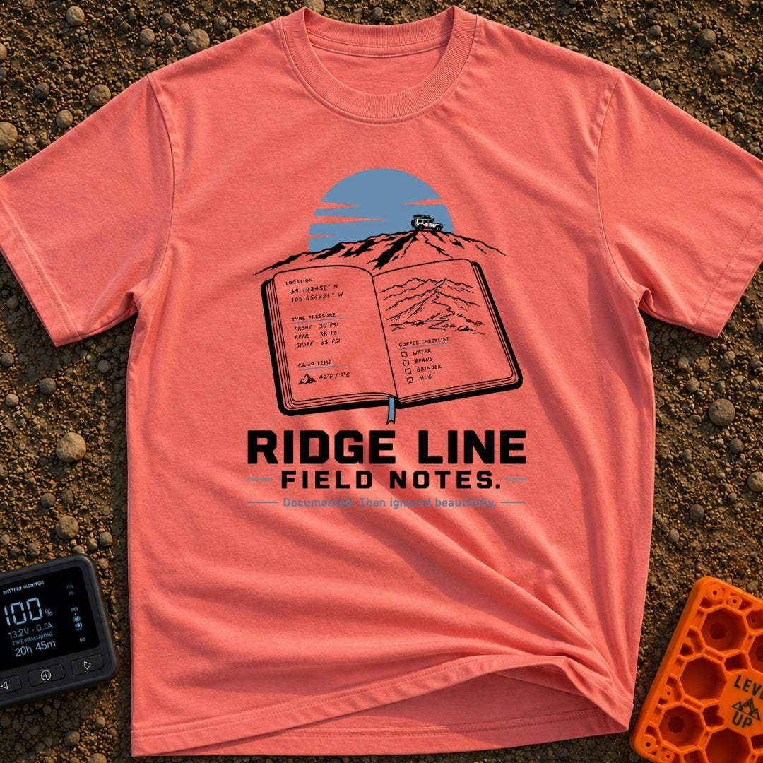 Ridge Top Chronicles - T-Shirt in Watermelon - An open notebook showing GPS coordinates, tyre pressure logs, a mountain...