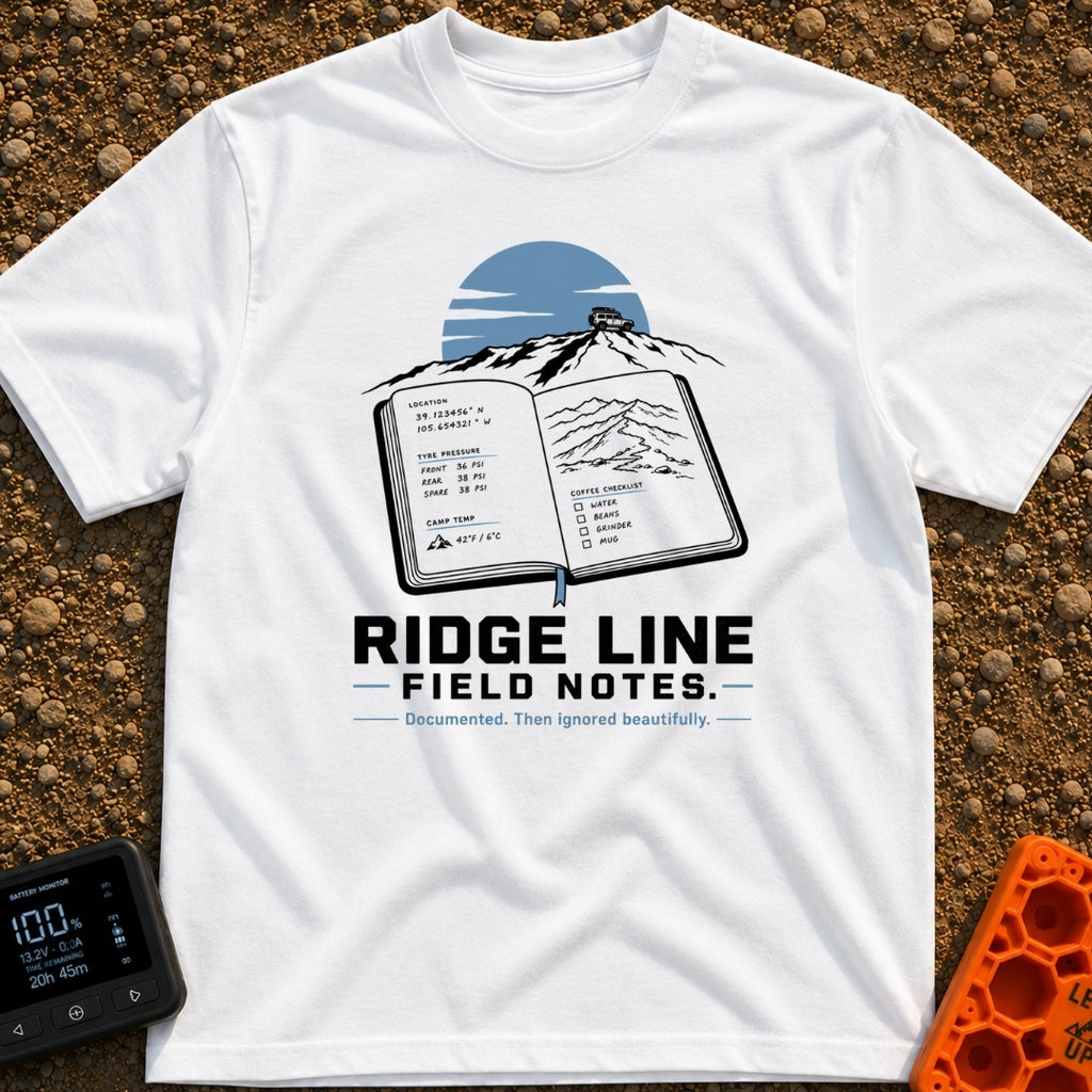 Ridge Top Chronicles - T-Shirt in White - An open notebook showing GPS coordinates, tyre pressure logs, a mountain...