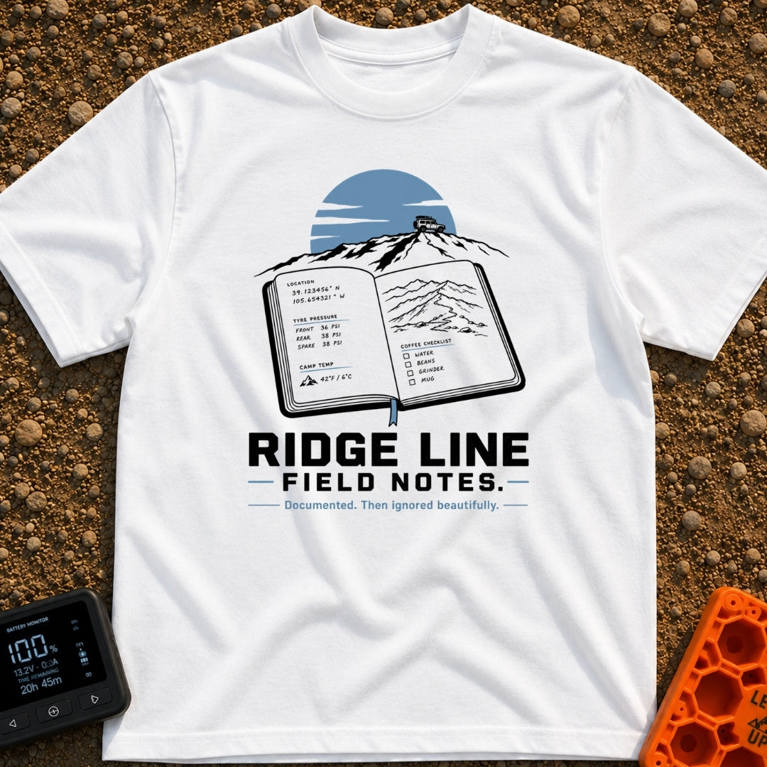 Ridge Top Chronicles - T-Shirt in White - An open notebook showing GPS coordinates, tyre pressure logs, a mountain...