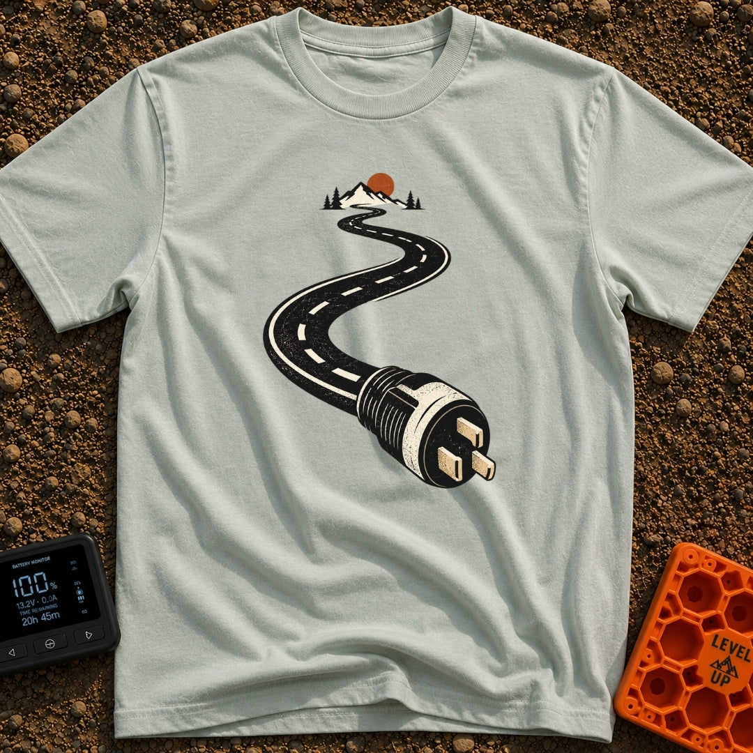 Plugged Into The Road - T-Shirt in Bay - A graphic illustration of a winding black road with white dashed lines that...