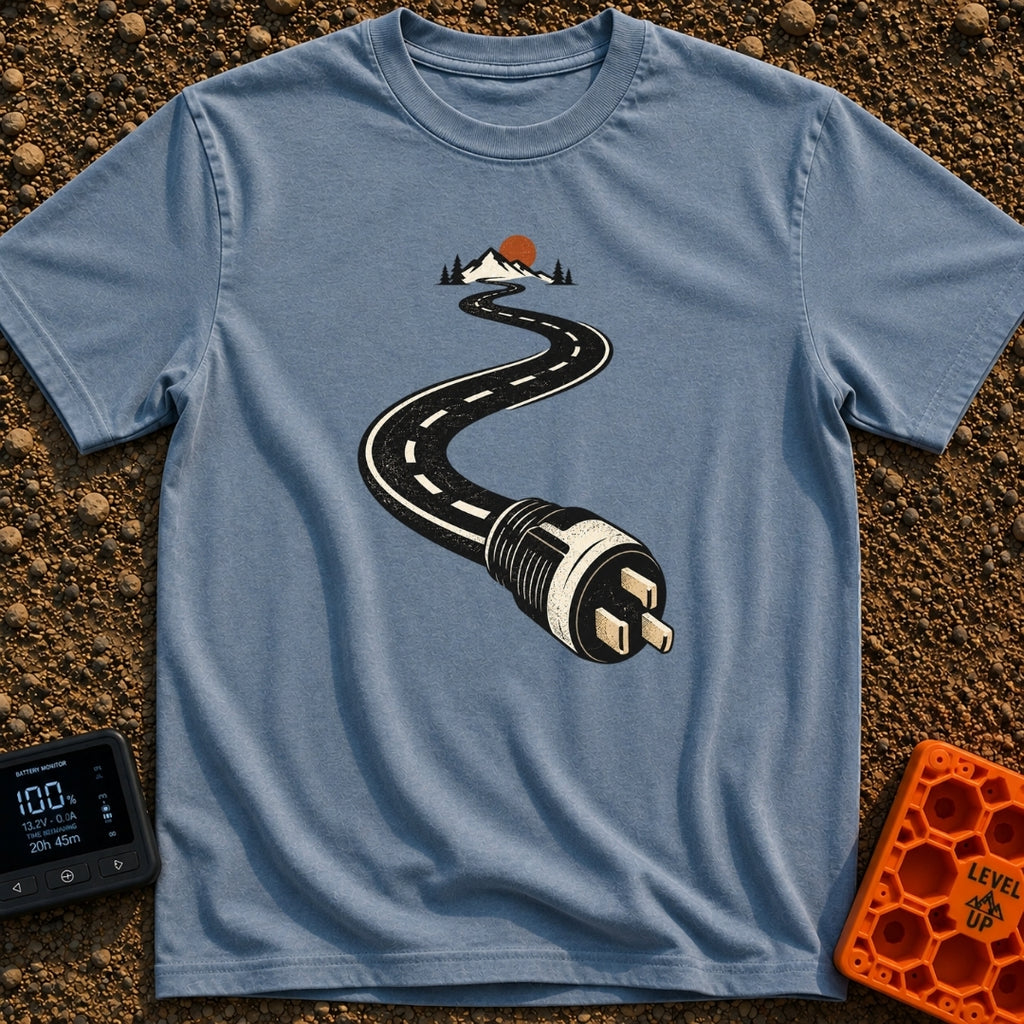 Plugged Into The Road - T-Shirt in Blue Jean - A graphic illustration of a winding black road with white dashed lines...