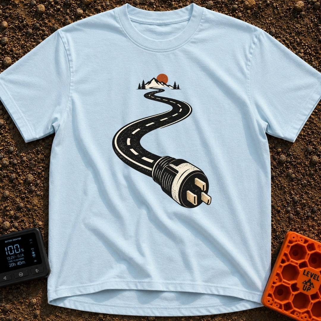 Plugged Into The Road - T-Shirt in Chambray - A graphic illustration of a winding black road with white dashed lines that...