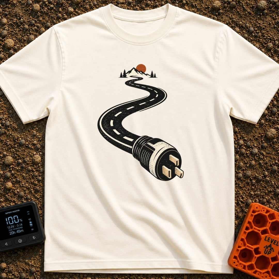 Plugged Into The Road - T-Shirt in Ivory - A graphic illustration of a winding black road with white dashed lines that...