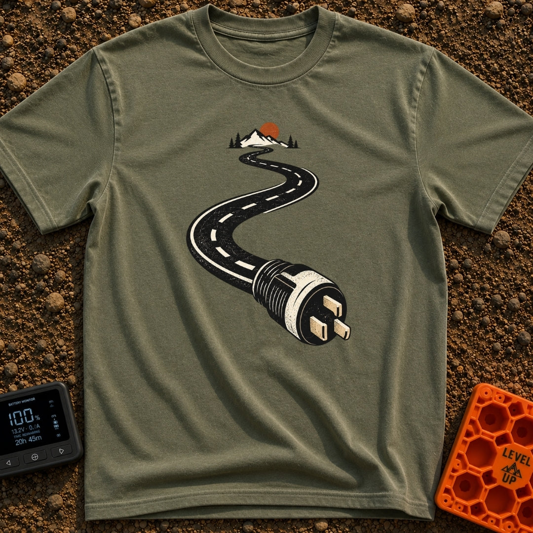 Plugged Into The Road - T-Shirt in Moss - A graphic illustration of a winding black road with white dashed lines that...