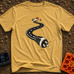 Plugged Into The Road - T-Shirt in Mustard - A graphic illustration of a winding black road with white dashed lines that...