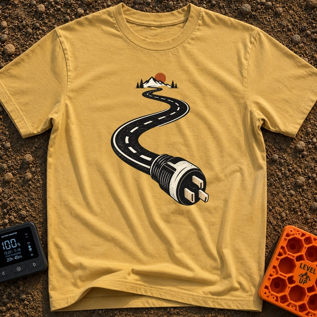 Plugged Into The Road - T-Shirt in Mustard - A graphic illustration of a winding black road with white dashed lines that...