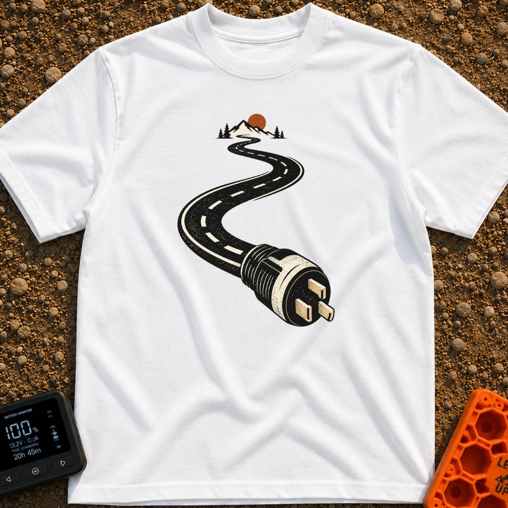 Plugged Into The Road - T-Shirt in White - A graphic illustration of a winding black road with white dashed lines that...