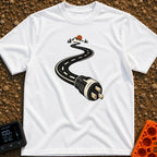 Plugged Into The Road - T-Shirt in White - A graphic illustration of a winding black road with white dashed lines that...