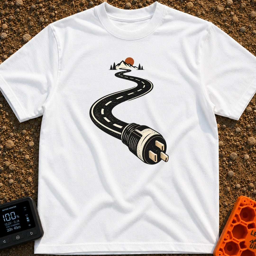 Plugged Into The Road - T-Shirt in White - A graphic illustration of a winding black road with white dashed lines that...