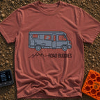 Class A Companions - T-Shirt in Brick - A graphic of a grey Class A motorhome with a dog's silhouette looking out the...