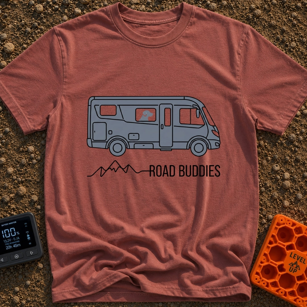 Class A Companions - T-Shirt in Brick - A graphic of a grey Class A motorhome with a dog's silhouette looking out the...