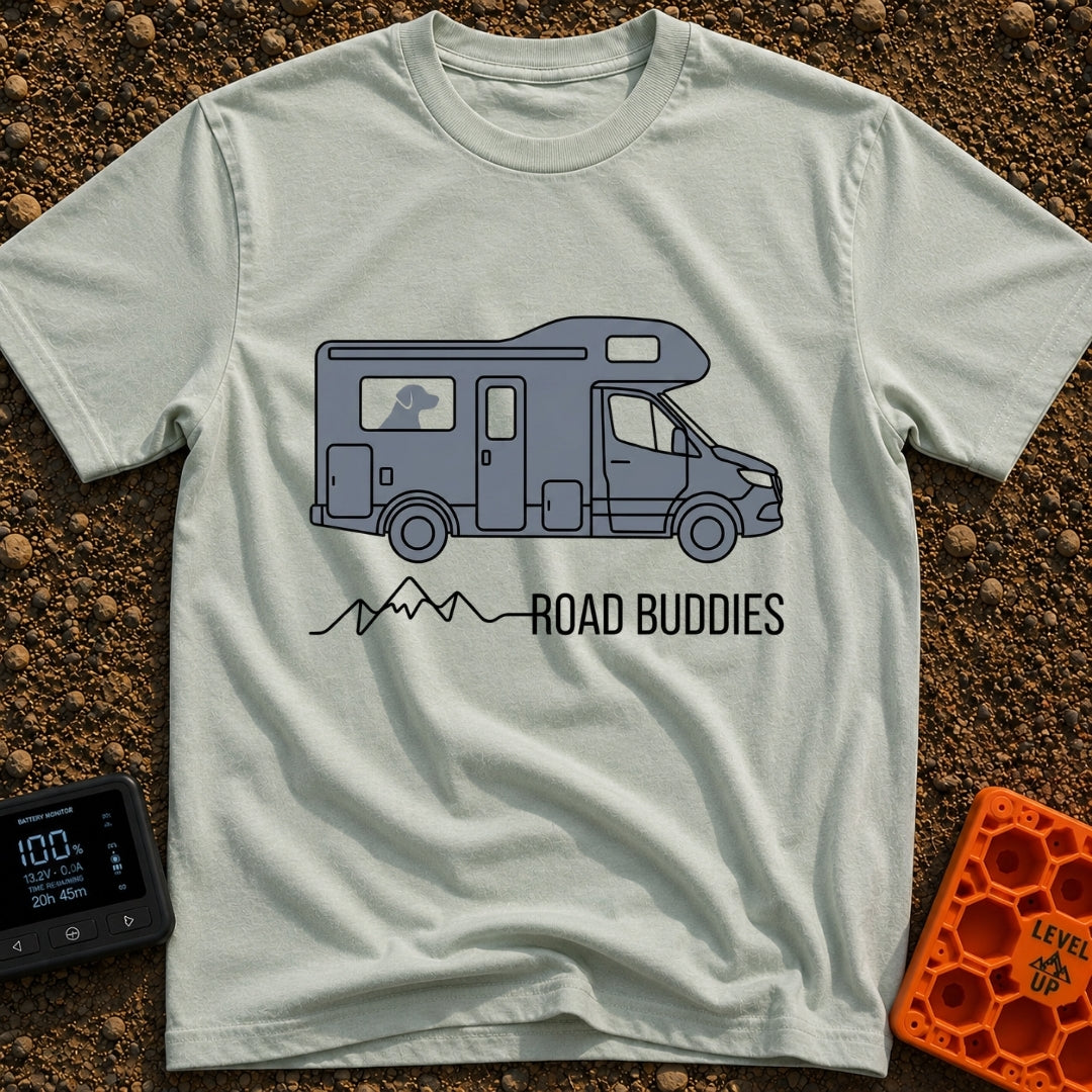 Furry Road Buddy - T-Shirt in Bay - A flat illustration of a gray motorhome with a dog's silhouette visible in the side...