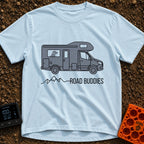 Furry Road Buddy - T-Shirt in Chambray - A flat illustration of a gray motorhome with a dog's silhouette visible in the...