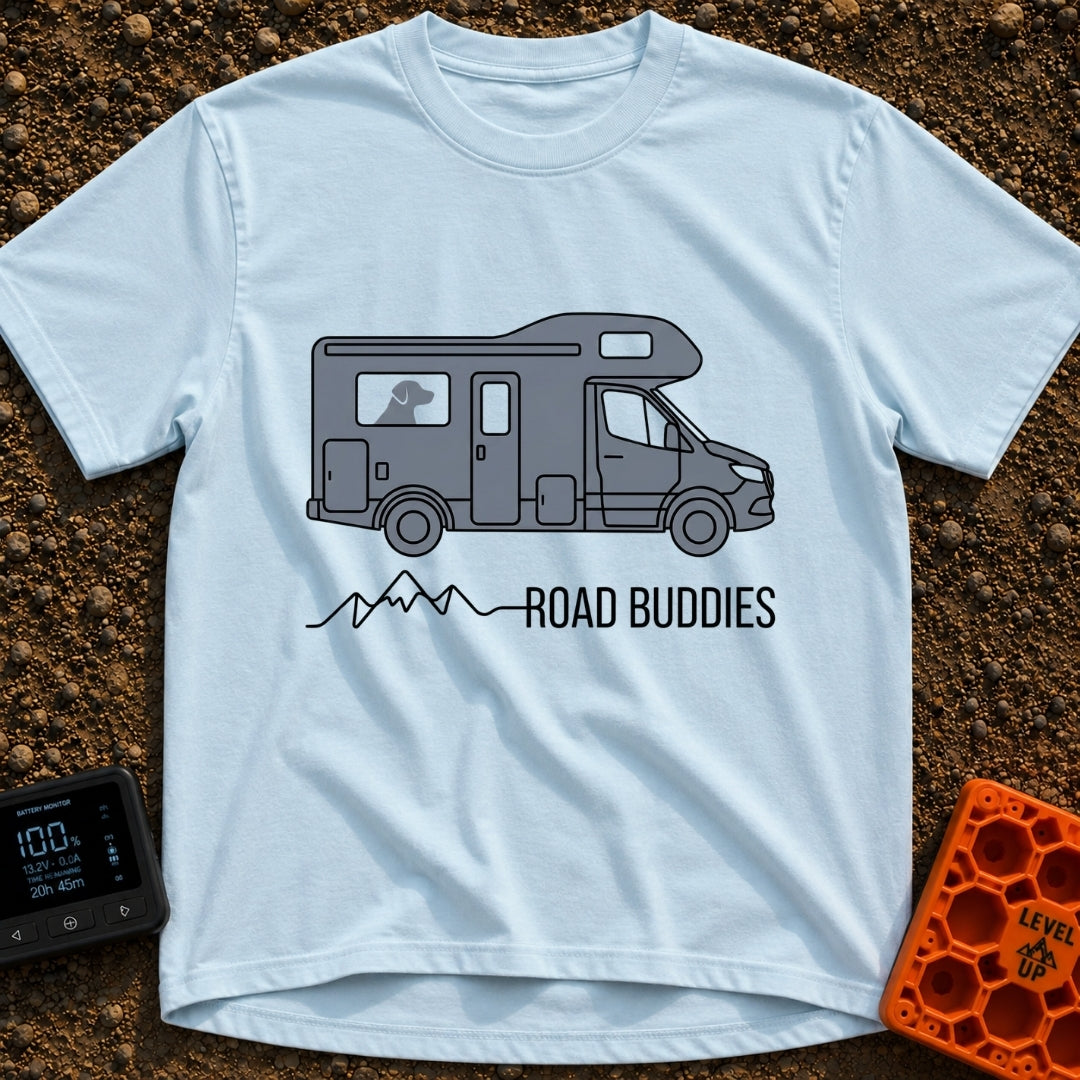Furry Road Buddy - T-Shirt in Chambray - A flat illustration of a gray motorhome with a dog's silhouette visible in the...