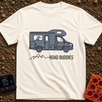 Furry Road Buddy - T-Shirt in Ivory - A flat illustration of a gray motorhome with a dog's silhouette visible in the side...