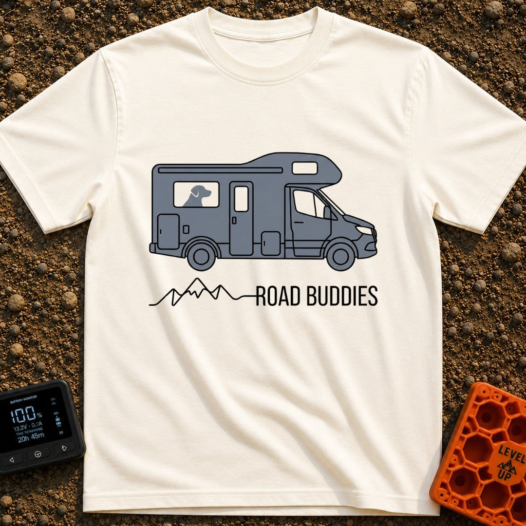 Furry Road Buddy - T-Shirt in Ivory - A flat illustration of a gray motorhome with a dog's silhouette visible in the side...