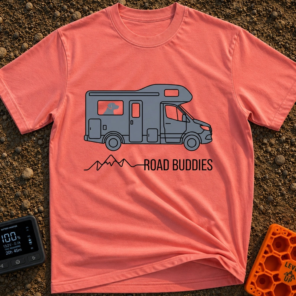 Furry Road Buddy - T-Shirt in Watermelon - A flat illustration of a gray motorhome with a dog's silhouette visible in the...