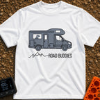 Furry Road Buddy - T-Shirt in White - A flat illustration of a gray motorhome with a dog's silhouette visible in the side...