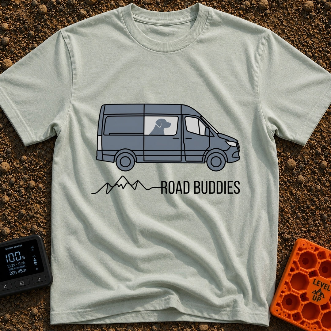 My Copilot Has Paws - T-Shirt in Bay - A graphic of a grey camper van viewed from the side with the silhouette of a dog...