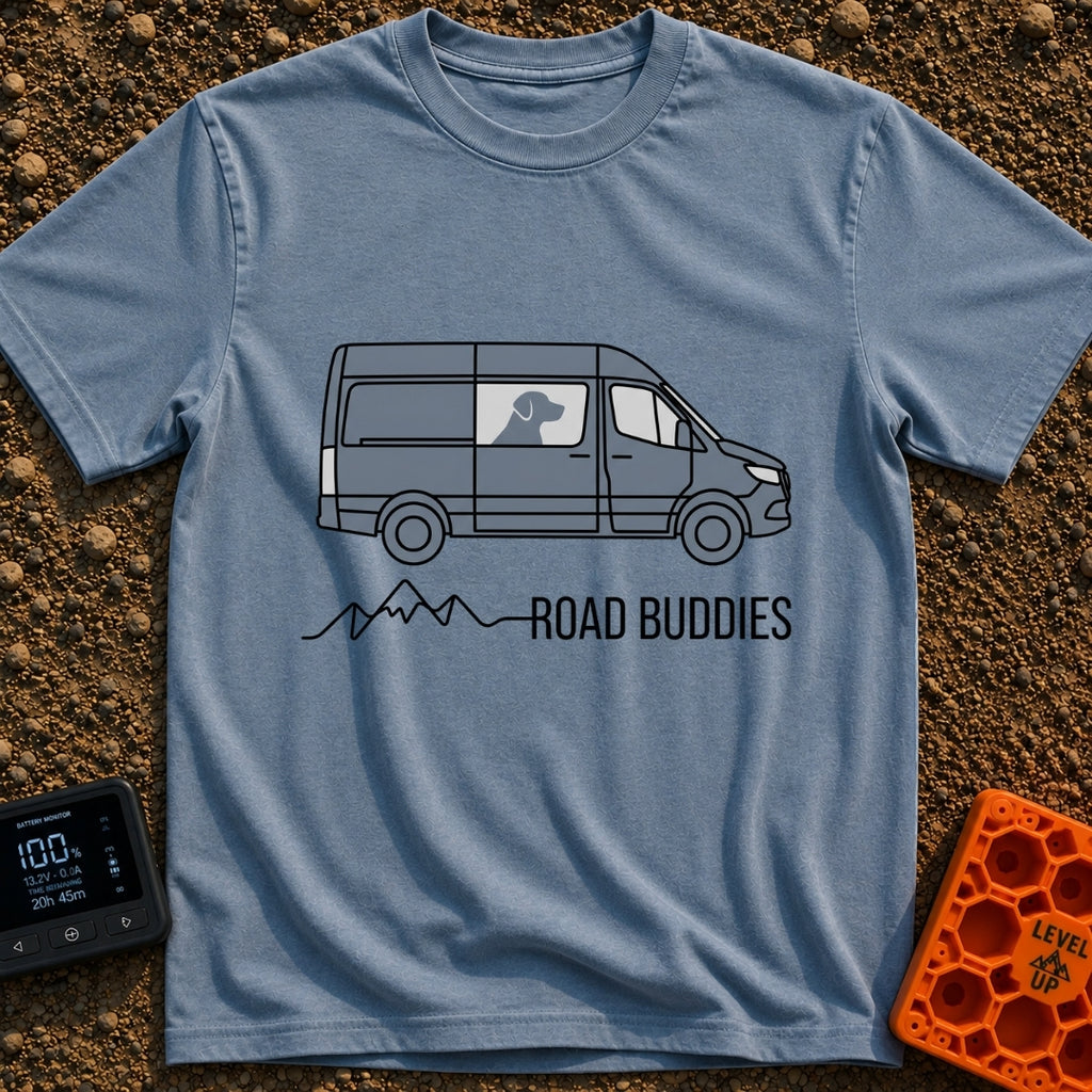 My Copilot Has Paws - T-Shirt in Blue Jean - A graphic of a grey camper van viewed from the side with the silhouette of a...