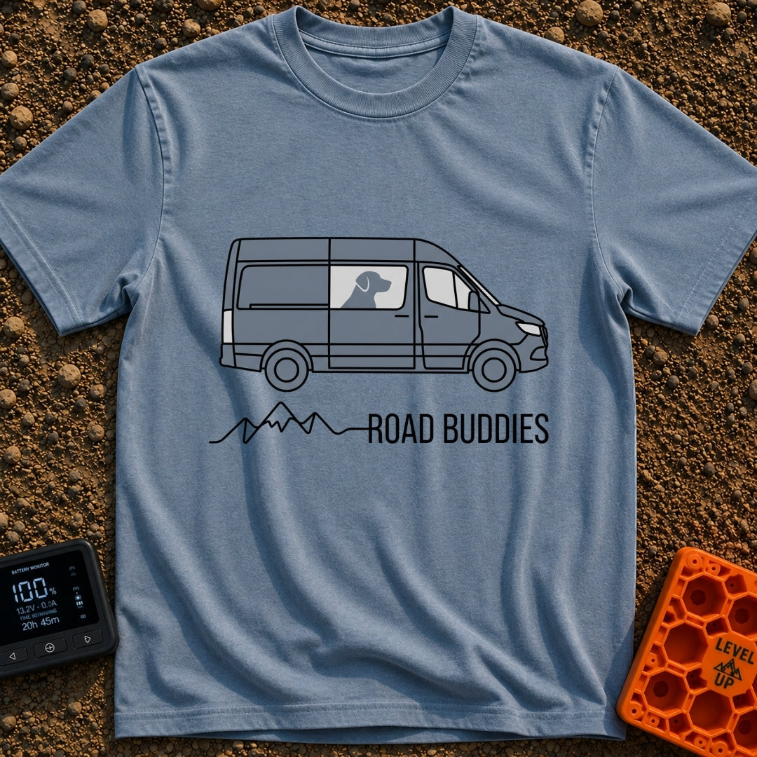 My Copilot Has Paws - T-Shirt in Blue Jean - A graphic of a grey camper van viewed from the side with the silhouette of a...