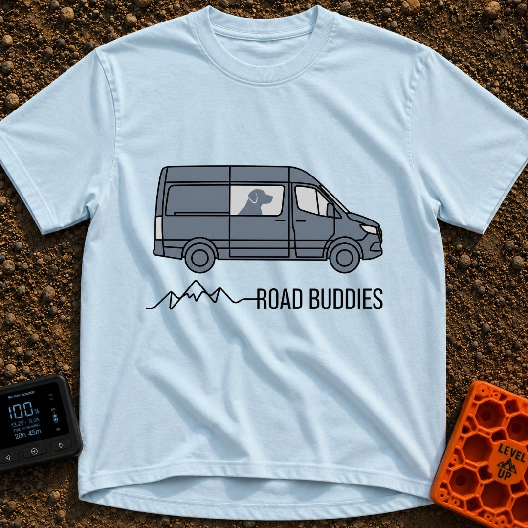 My Copilot Has Paws - T-Shirt in Chambray - A graphic of a grey camper van viewed from the side with the silhouette of a...