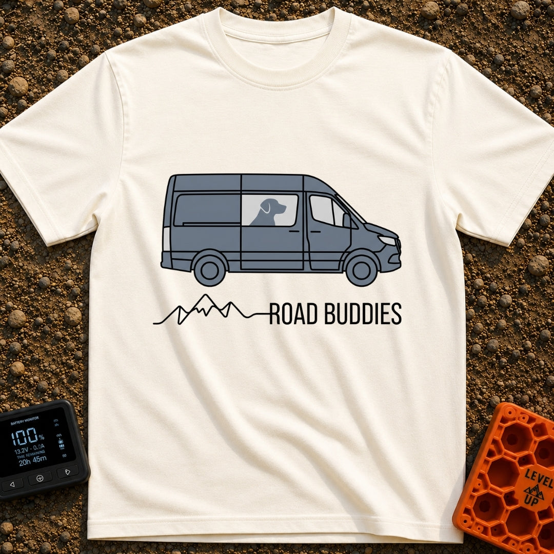 My Copilot Has Paws - T-Shirt in Ivory - A graphic of a grey camper van viewed from the side with the silhouette of a dog...