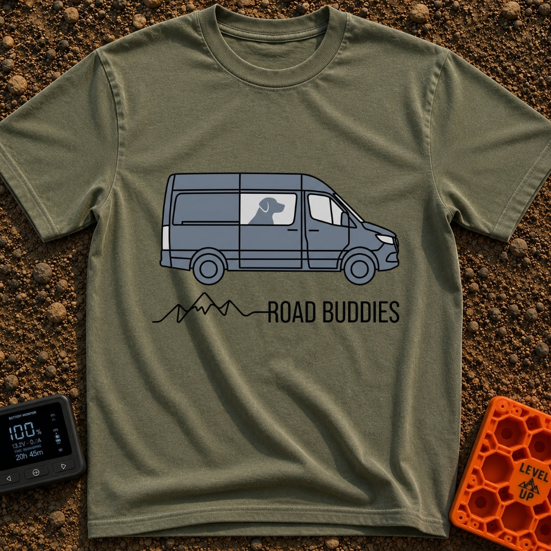 My Copilot Has Paws - T-Shirt in Moss - A graphic of a grey camper van viewed from the side with the silhouette of a dog...
