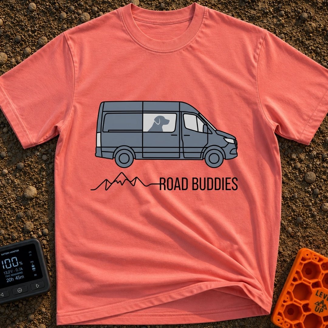 My Copilot Has Paws - T-Shirt in Watermelon - A graphic of a grey camper van viewed from the side with the silhouette of...