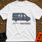 My Copilot Has Paws - T-Shirt in White - A graphic of a grey camper van viewed from the side with the silhouette of a dog...
