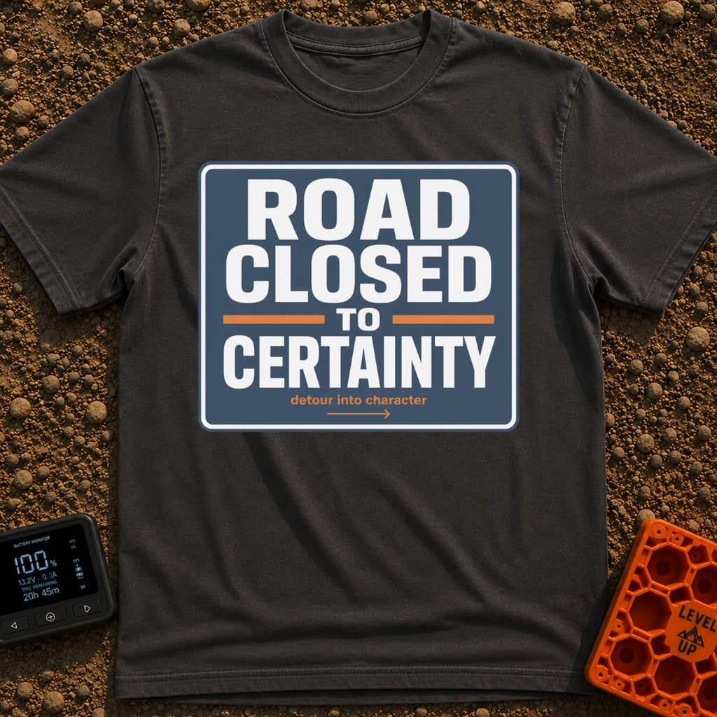 No Certainty Ahead - T-Shirt in Graphite - A graphic designed to look like a blue highway sign with white text that reads...