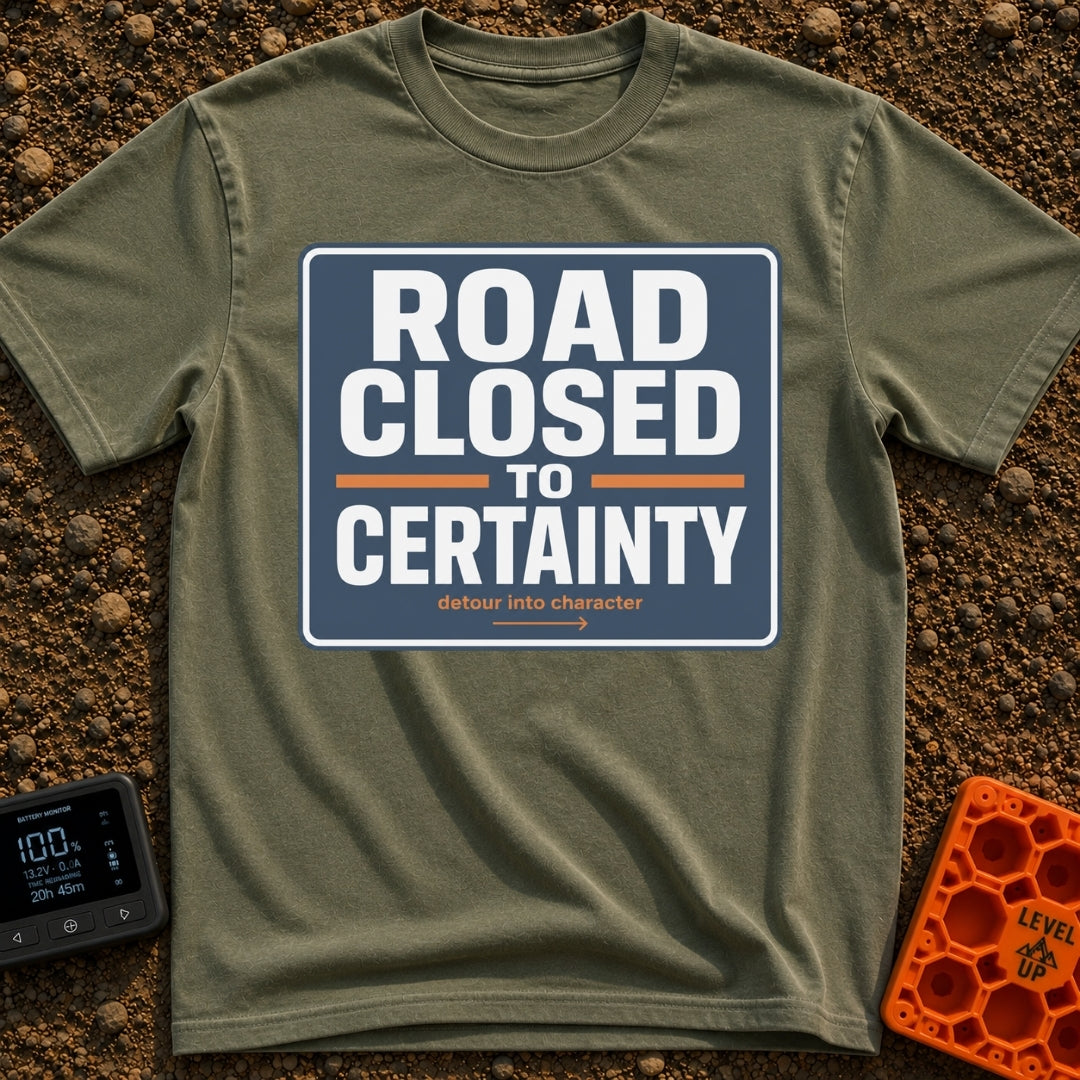 No Certainty Ahead - T-Shirt in Moss - A graphic designed to look like a blue highway sign with white text that reads...