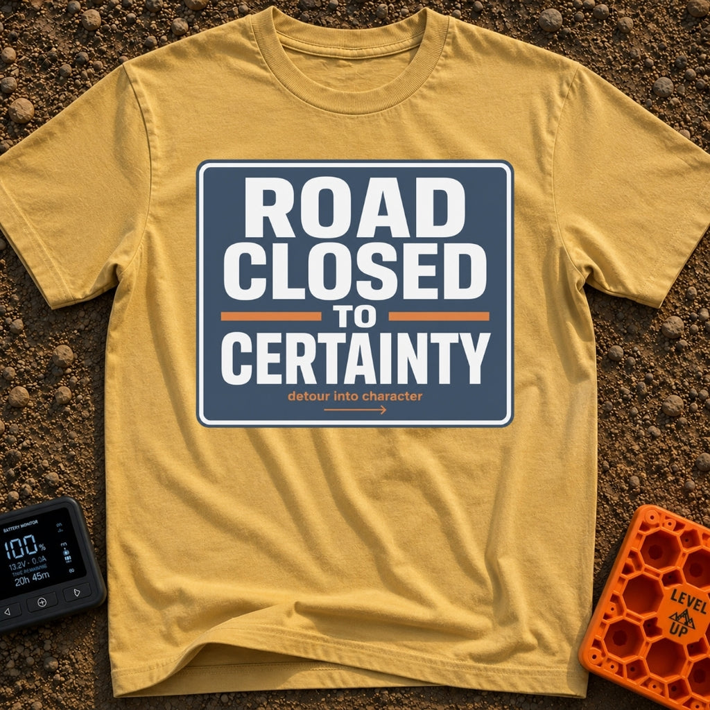 No Certainty Ahead - T-Shirt in Mustard - A graphic designed to look like a blue highway sign with white text that reads...