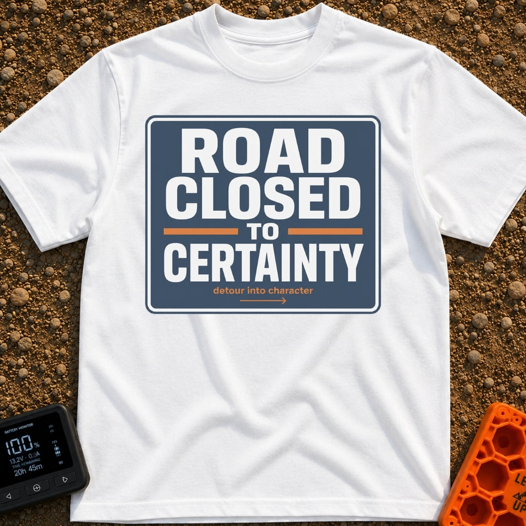 No Certainty Ahead - T-Shirt in White - A graphic designed to look like a blue highway sign with white text that reads...