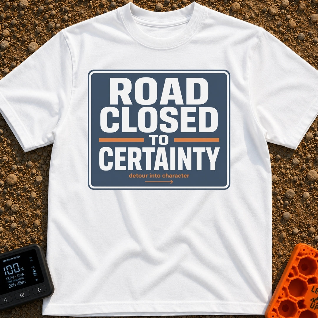 No Certainty Ahead - T-Shirt in White - A graphic designed to look like a blue highway sign with white text that reads...