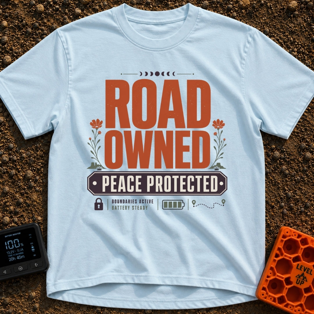 Boundaries Active Peace Protected - T-Shirt in Chambray - A typographic design with large text reading "ROAD OWNED" above...
