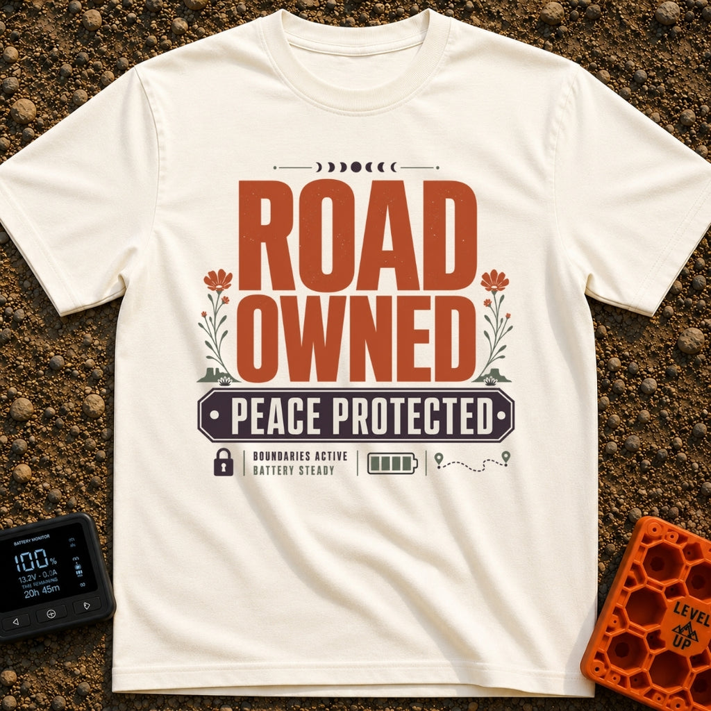 Boundaries Active Peace Protected - T-Shirt in Ivory - A typographic design with large text reading "ROAD OWNED" above...