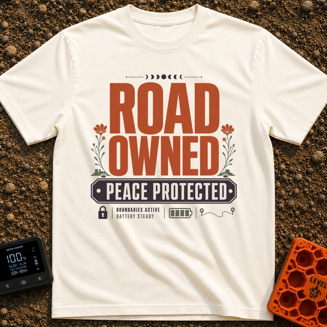 Boundaries Active Peace Protected - T-Shirt in Ivory - A typographic design with large text reading "ROAD OWNED" above...