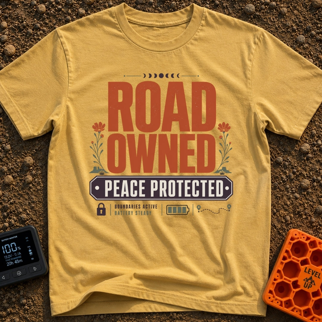 Boundaries Active Peace Protected - T-Shirt in Mustard - A typographic design with large text reading "ROAD OWNED" above...