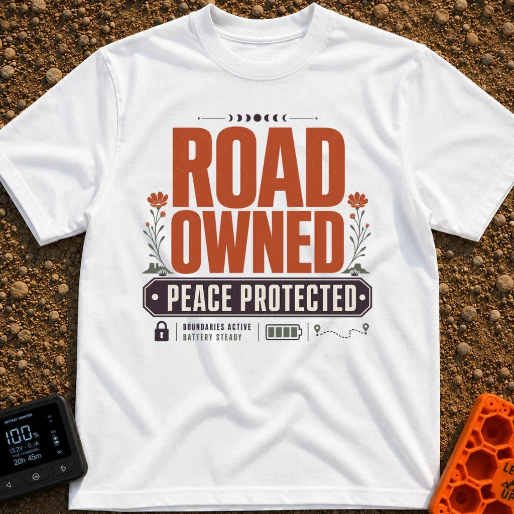 Boundaries Active Peace Protected - T-Shirt in White - A typographic design with large text reading "ROAD OWNED" above...