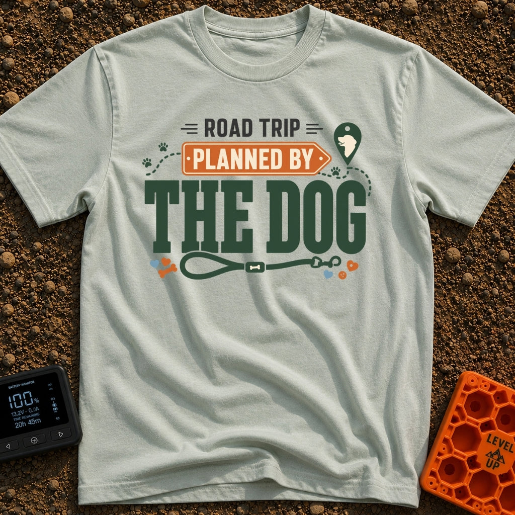 Planned By The Dog - T-Shirt in Bay - A typographic design reading "ROAD TRIP PLANNED BY THE DOG" with "PLANNED BY"...