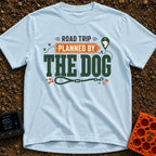 Planned By The Dog - T-Shirt in Chambray - A typographic design reading "ROAD TRIP PLANNED BY THE DOG" with "PLANNED BY"...