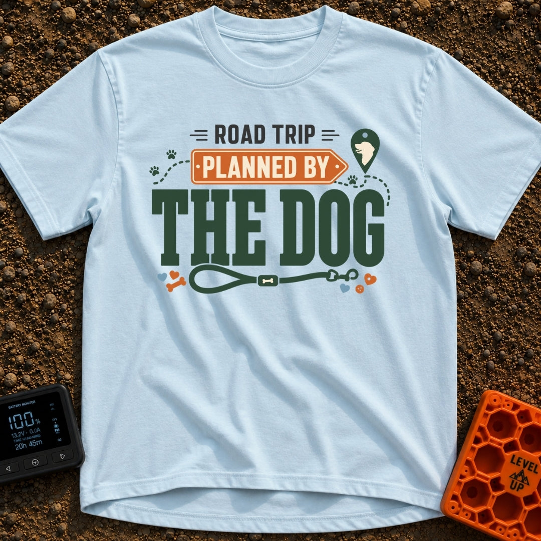 Planned By The Dog - T-Shirt in Chambray - A typographic design reading "ROAD TRIP PLANNED BY THE DOG" with "PLANNED BY"...