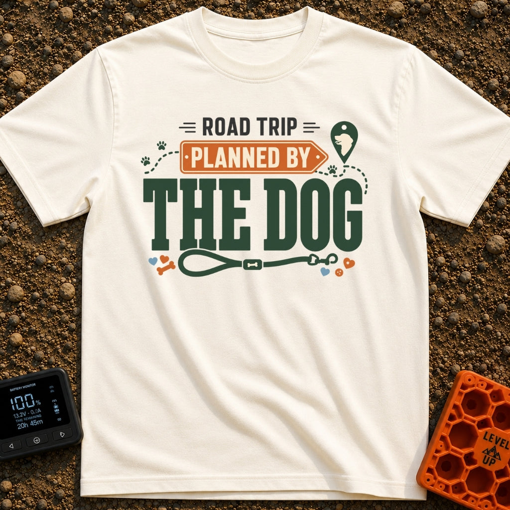 Planned By The Dog - T-Shirt in Ivory - A typographic design reading "ROAD TRIP PLANNED BY THE DOG" with "PLANNED BY"...