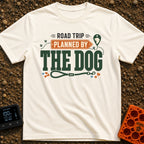 Planned By The Dog - T-Shirt in Ivory - A typographic design reading "ROAD TRIP PLANNED BY THE DOG" with "PLANNED BY"...