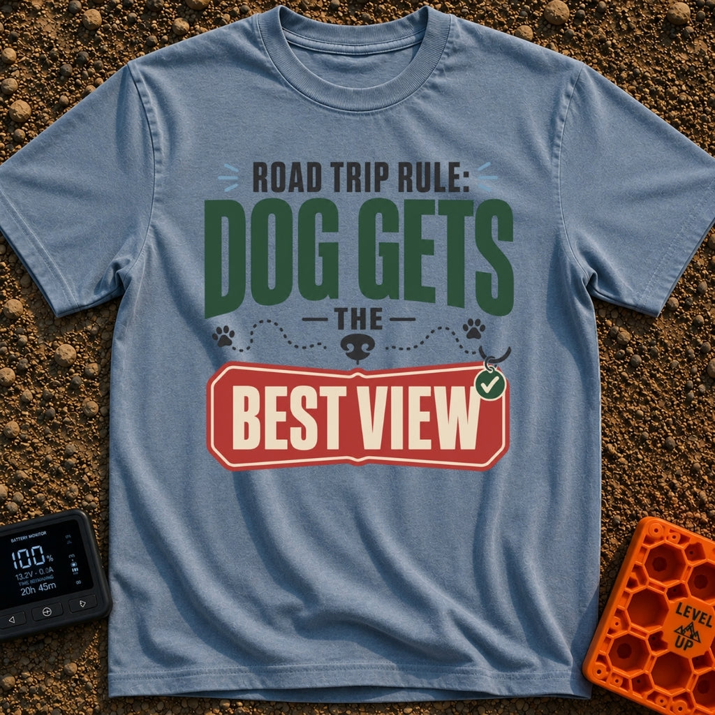Dog Gets Best View - T-Shirt in Blue Jean - A text-based design reading "Road Trip Rule: Dog Gets The Best View" with the...