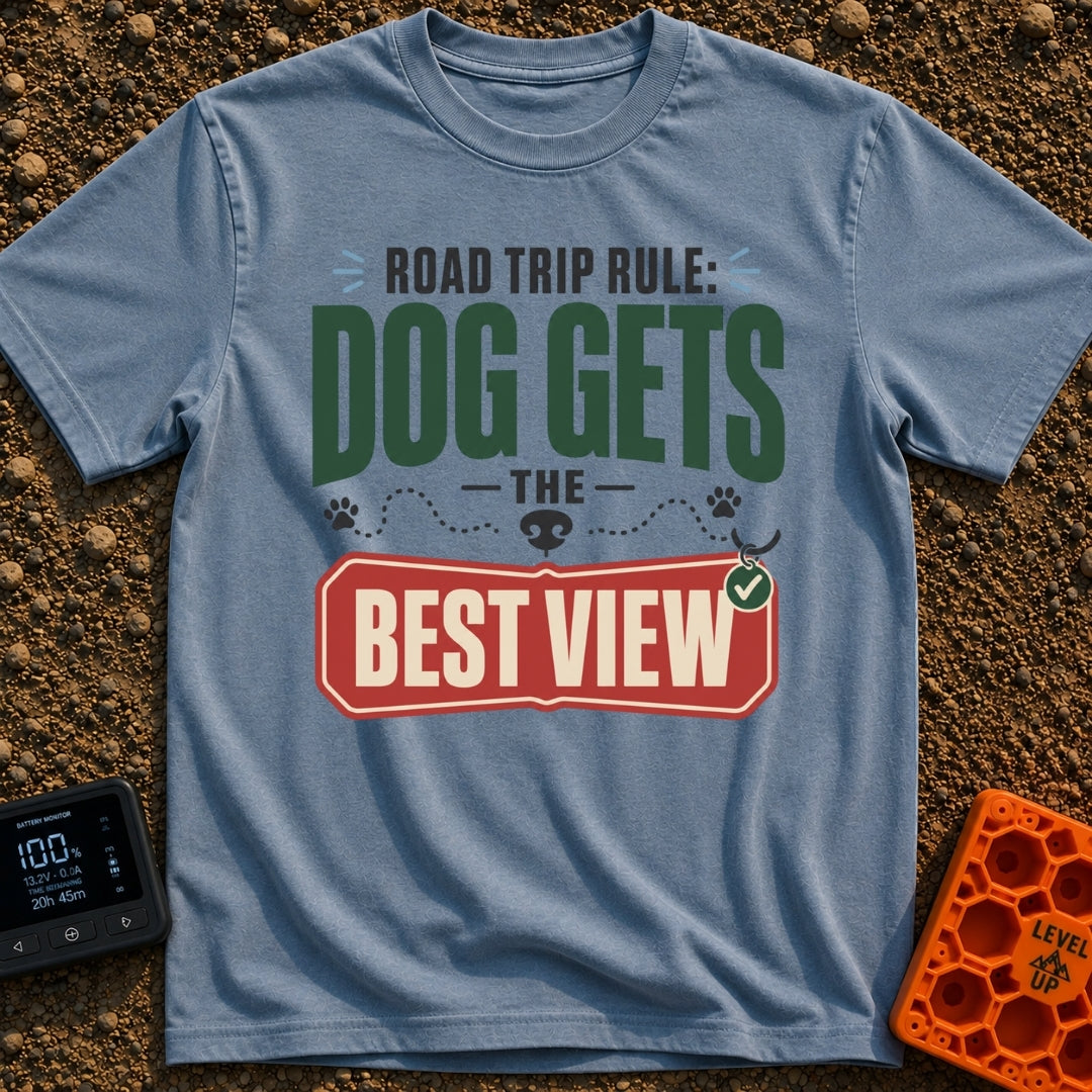 Dog Gets Best View - T-Shirt in Blue Jean - A text-based design reading "Road Trip Rule: Dog Gets The Best View" with the...