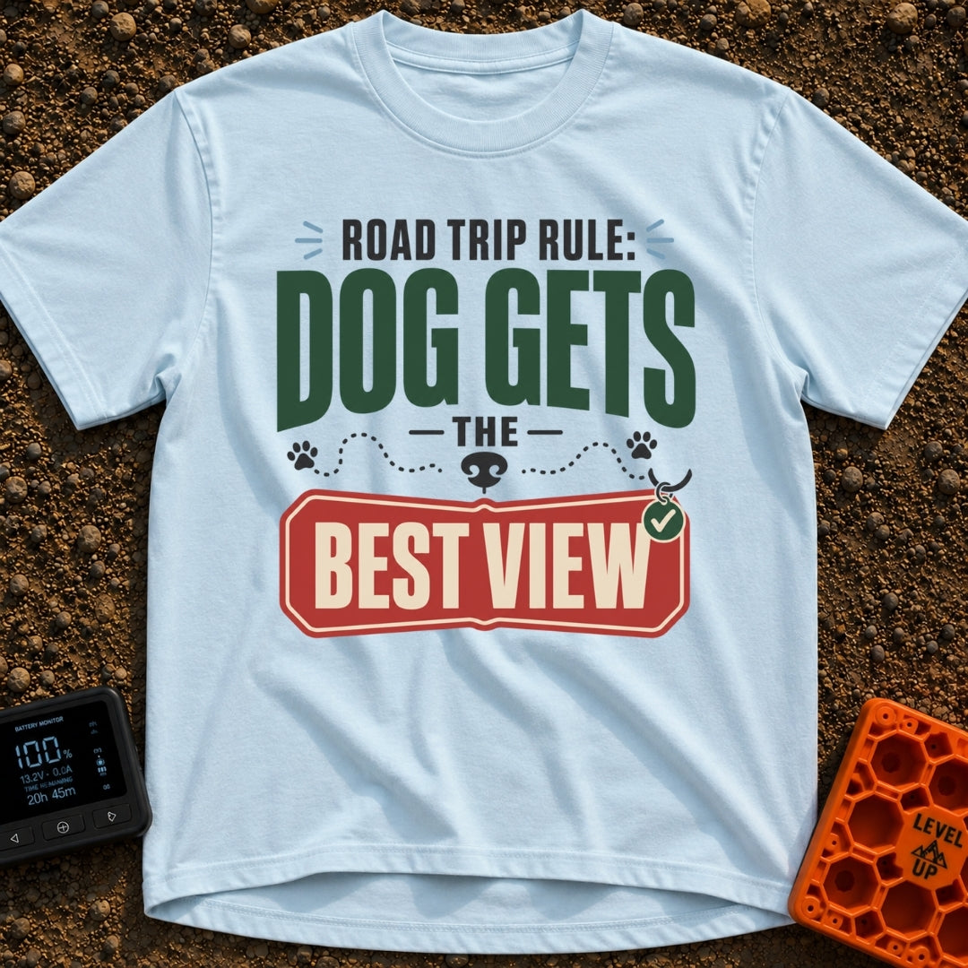 Dog Gets Best View - T-Shirt in Chambray - A text-based design reading "Road Trip Rule: Dog Gets The Best View" with the...