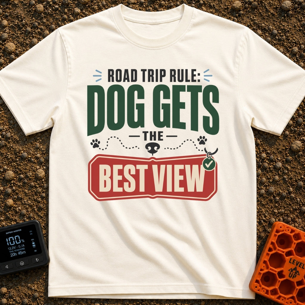 Dog Gets Best View - T-Shirt in Ivory - A text-based design reading "Road Trip Rule: Dog Gets The Best View" with the...