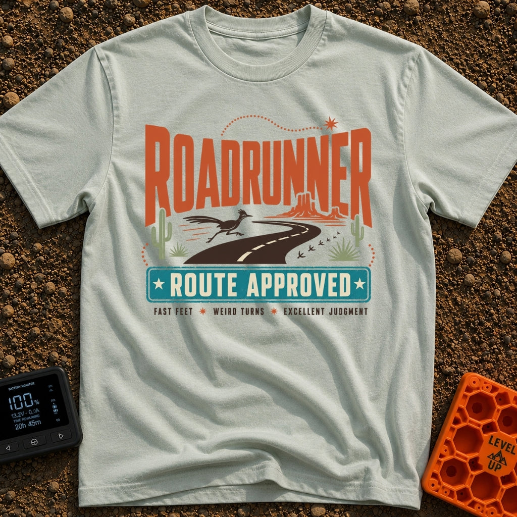 Roadrunner Route Approved - T-Shirt in Bay - A retro illustration of a roadrunner sprinting across a winding black...
